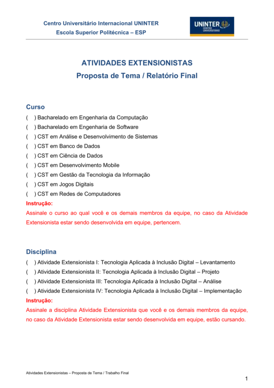 ATIVIDADES EXTENSIONISTAS – TECNOLOGIA APLICADA À INCLUSÃO DIGITAL ...