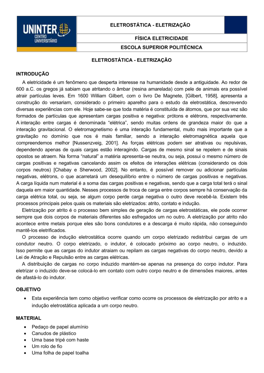 ATIVIDADE PRÁTICA – ELETROSTÁTICA E ELETRIZAÇÃO – Cavalini